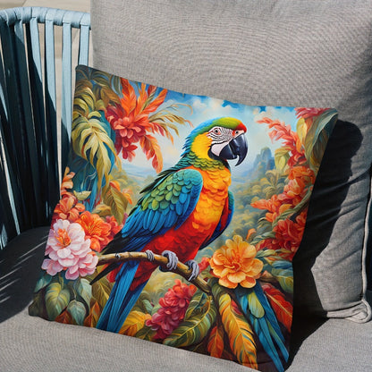 Four-Piece Tropical Pillow Cover Set, 18 x 18 Inches with Parrot and Floral Prints on Polyester Covers