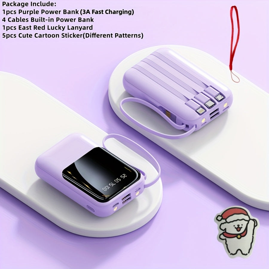 10000mAh Mini Power Bank 22.5W Super Fast Charging with 4 Built-In Cables – LED Display Cute Compact Portable Charger for iPhone Samsung Android Travel Outdoor Emergency Battery Pack