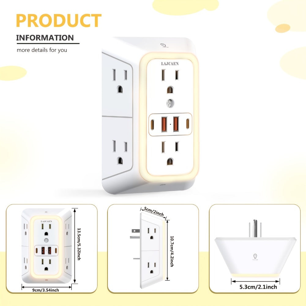 3-Sided Wall Outlet Extender 10-in-1 with 6 AC Outlets & 4 USB Ports (2 USB-A & 2 USB-C), 1050J Surge Protector Multi-Plug Adapter for Home, Travel, Office & College