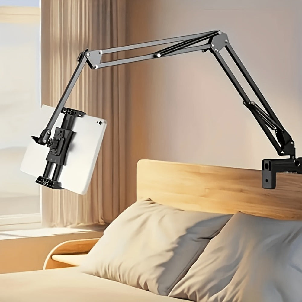Long-Arm Tablet Stand with Desk Clamp, Two 35 cm Articulating Sections and Rotating 4–13 Inch Device Holder