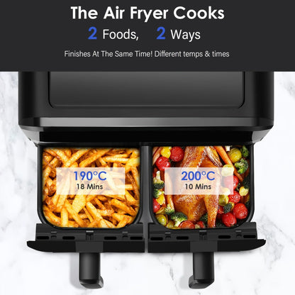 9.5Qt Dual-Basket Air Fryer with Two 4.75Qt Cooking Zones, Touch Controls and Eight Preset Icons