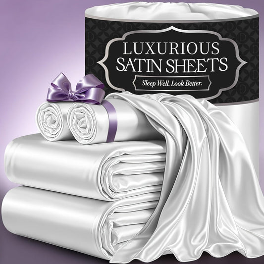 Satin Fitted Sheet Set with Pillowcases – Cooling Smooth Breathable Wrinkle-Resistant Bed Sheets, Machine Washable Ultra Soft for Hot Sleepers, Twin Full Queen King, Multiple Colors