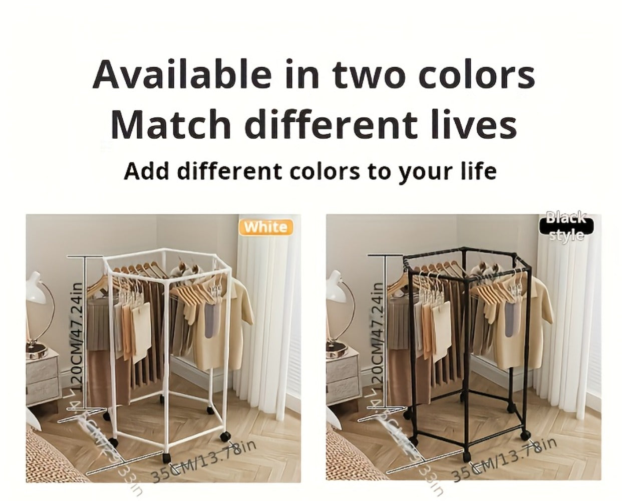 Rotating Hexagonal Garment Rack with Six-Sided Hanging Frame, Casters and Black or White Mesh-Bag Options