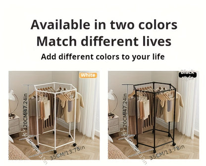 Rotating Hexagonal Garment Rack with Six-Sided Hanging Frame, Casters and Black or White Mesh-Bag Options