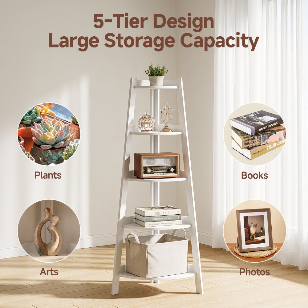 Corner Shelf 5-Tier Scandinavian Storage Cabinet – Space-Saving Vertical Organizer with Baskets, Shelves & Drawer, Modern Plastic Corner Rack for Home, Study, Balcony & Bathroom (White)
