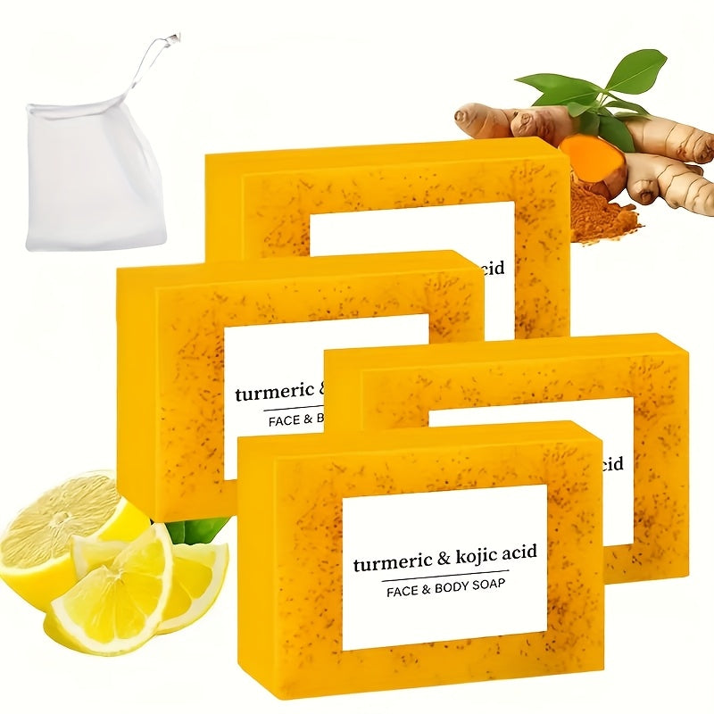 Turmeric and Kojic Acid Bar Soap, Four-Piece Orange Bar Set with Included White Foaming Mesh Net