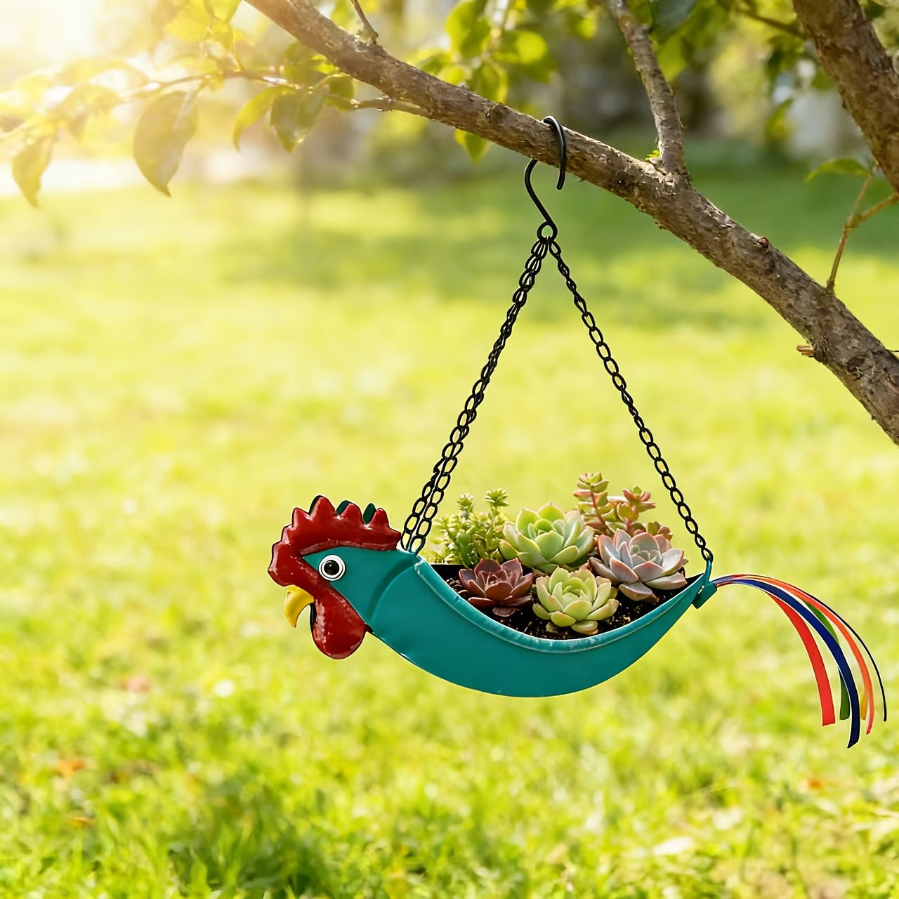 Rooster Hanging Planter – Wrought Iron Flower Pot with Chain for Succulents, Courtyard, Balcony & Eaves – Unique Gardening Gift