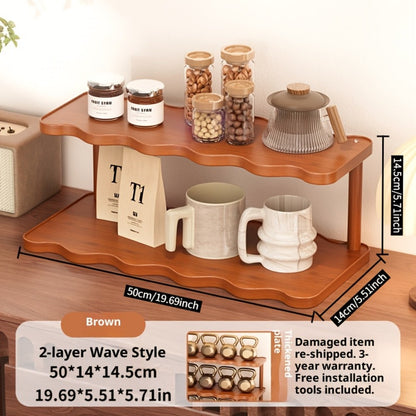Ladder Cup Holder Rack 2-3 Tier Wave Style | Countertop Organizer for Coffee Mugs Teacups Water Glasses | Kitchen Counter Dining Table Entryway Dessert Display Shelf Brown