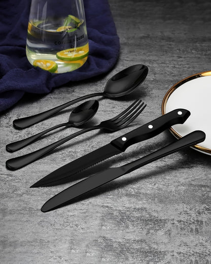 Stainless Steel Flatware Set with Steak Knives – 24/48 Piece Silverware Set Service for 4 or 8, Mirror Polished Cutlery, Dishwasher Safe, Silver & Black