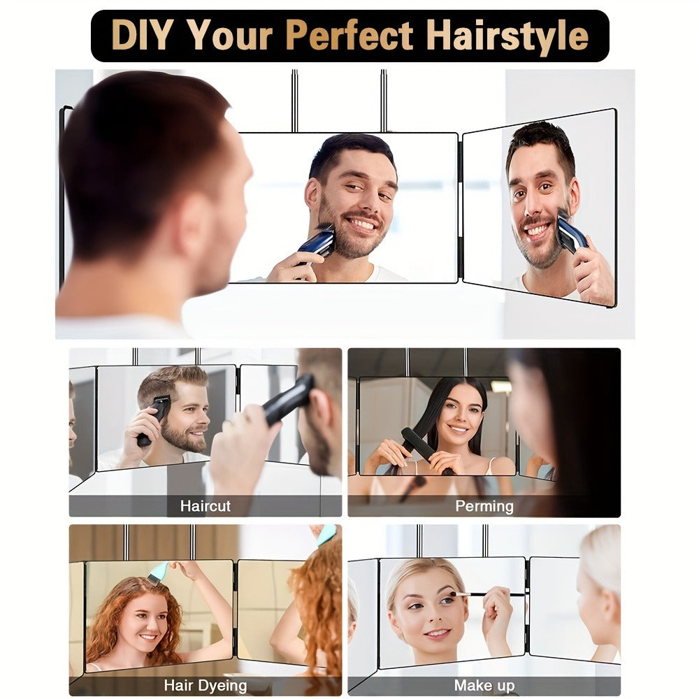 Three-Way Hair Cutting Mirror with Folding Panels, Adjustable Door Hooks and LED, Non-LED or Two-Pack Options