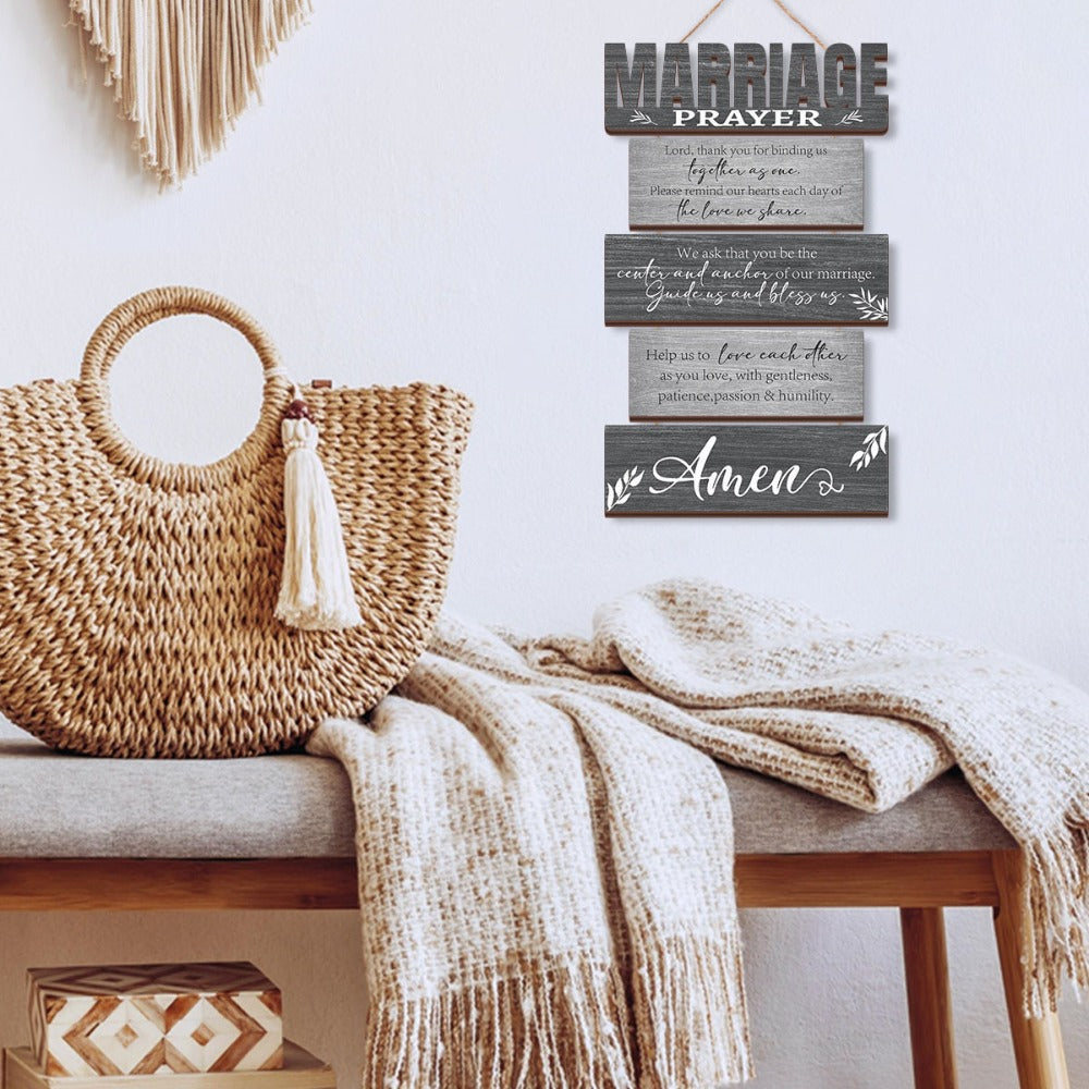 Six-Panel Marriage Prayer Wall Sign Set with Rope Hangers and Rustic Gray Printed Plaque Design