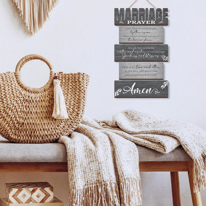 Six-Panel Marriage Prayer Wall Sign Set with Rope Hangers and Rustic Gray Printed Plaque Design