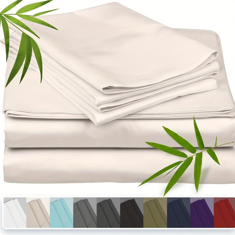Three-Piece Bamboo Fiber Fitted Sheet Set with Pillowcases in Eight Size and Color Options for Bedrooms
