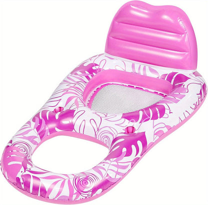 Pink Tropical Inflatable Pool Recliner Float, 60 x 36 x 24 Inches with Mesh Seat and Cup Holder