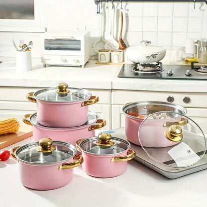 304 Stainless Steel Cookware Set with Golden Handles, 1/10/15pcs Deep Thick Soup Pot & Pan Set for Induction & Gas Stoves