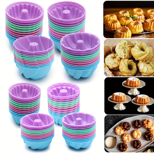 Silicone Donut Mold 48pcs, Nonstick Silicone Baking Cups with 4 Shapes (Thread, Woven, Pumpkin, Flower), Muffin Jello Bagel Pan, Oven Microwave Dishwasher Safe Silicone Baking Molds for Donuts and Cupcakes
