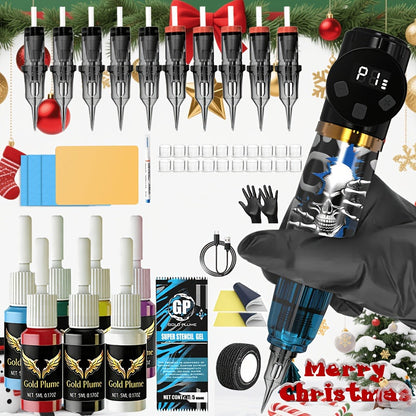 Tattoo Kit for Beginners Complete Set - Cordless Tattoo Gun with 1100mAh Battery, 10 Needles, 7 Ink Bottles, Professional Rotary Tattoo Machine Starter Kit for Women Men Artists
