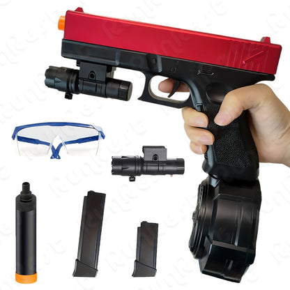 Red-and-Black Electric Gel Blaster Set with Three Magazine Styles, Flashlight, Goggles and Charging Cable