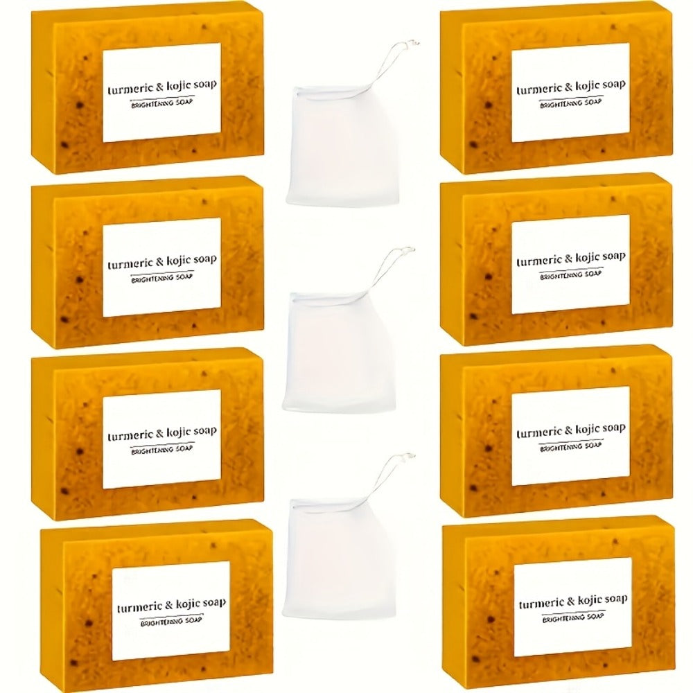 Turmeric Kojic Acid Brightening Soap Handmade Lemon Cold Process Deep Cleansing Hydrating Bar for Face & Body All Skin Types – Bundle Sets with Liquid Soap & Face Wash, Skincare Gift for Women