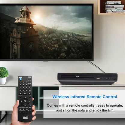 Compact Black DVD Player with USB Port, AV Output, Remote Control, RCA Cable and US Plug for Home TV