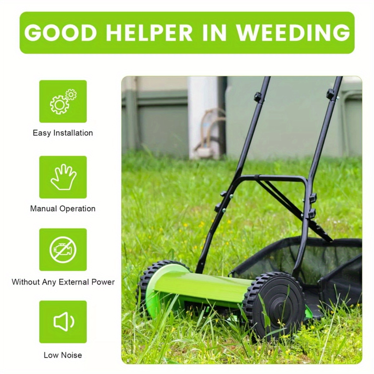 Manual Reel Lawn Mower 5-Blade Push Mower 11.8-Inch Cutting Width Adjustable Height 0.47"-1.77" with 6-Gallon Grass Catcher & Durable Steel Wheels for Residential Lawn