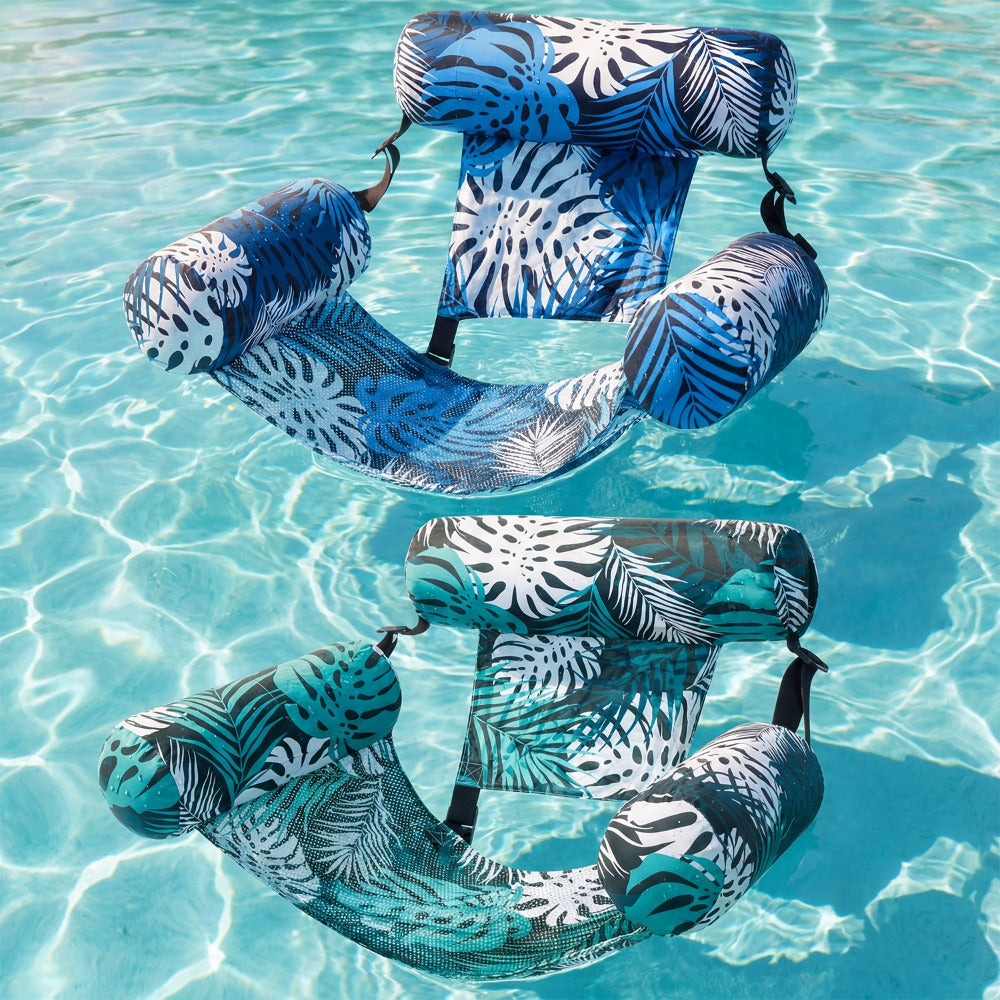 Leaf-Print Inflatable Pool Float Chair with Mesh Sling Seat in Blue, Blue-Green or Red-Cyan Checkout Options