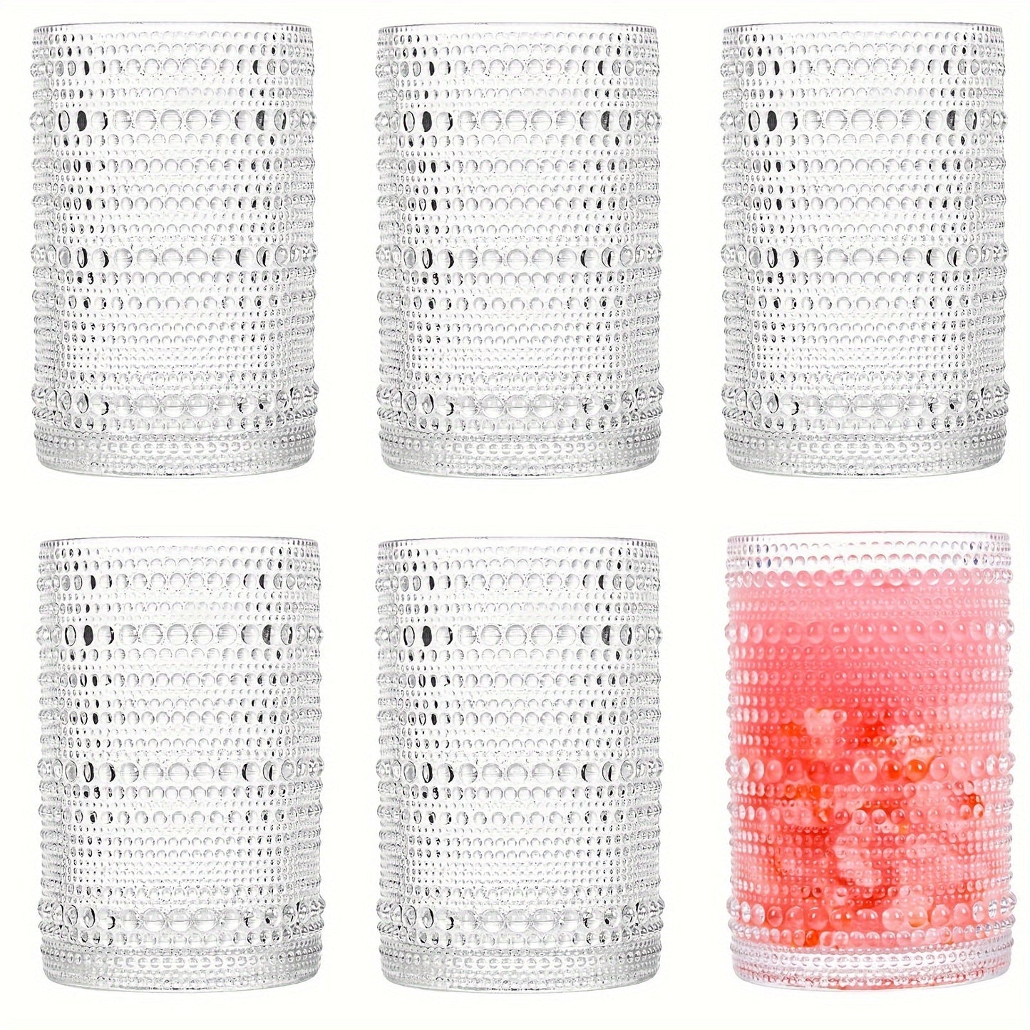 Clear Hobnail Drinking Glasses, Six-Piece 13-Ounce Tumbler Set with Embossed Dot Pattern for Table Settings