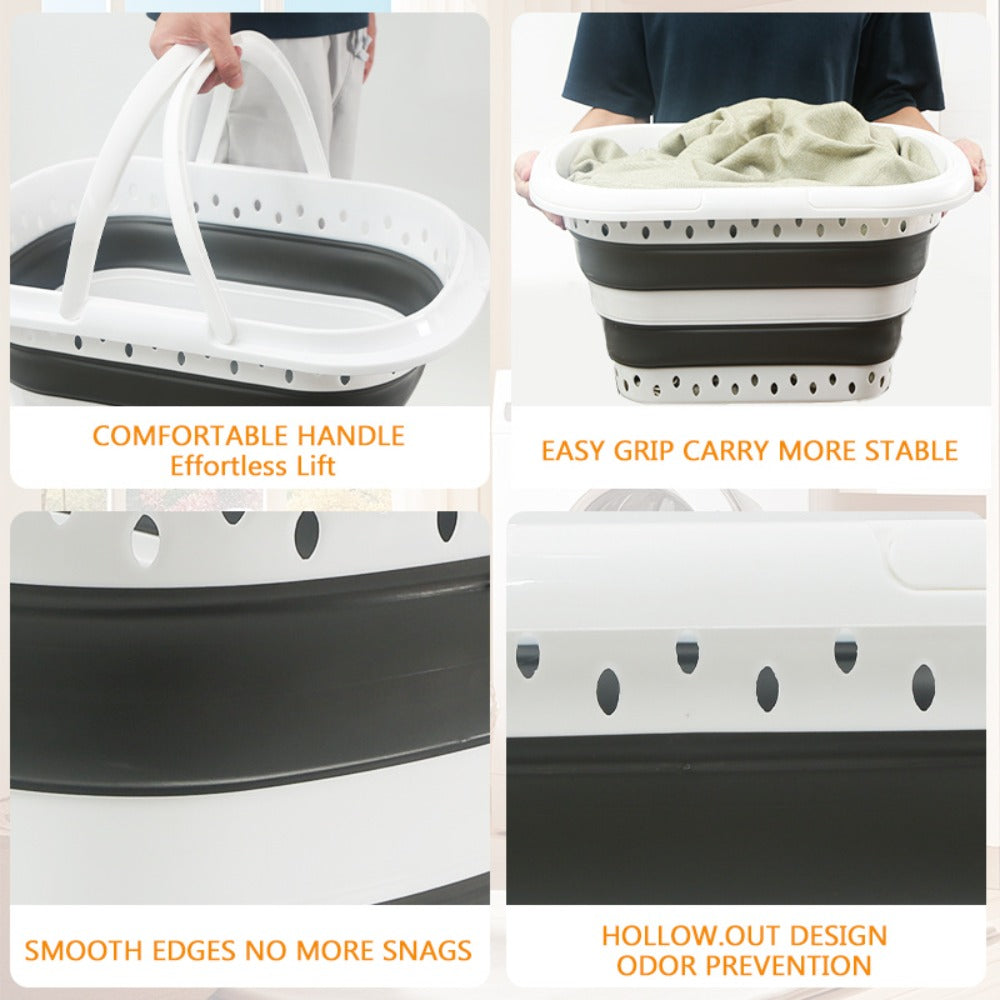 16-Gallon Collapsible Plastic Laundry Basket in Gray and White with Folding Walls and Carry Handles