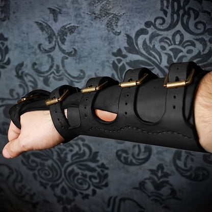 Embossed Fantasy Arm Bracer Pair in Brown with Buckle Straps for Medieval and Archer Costumes