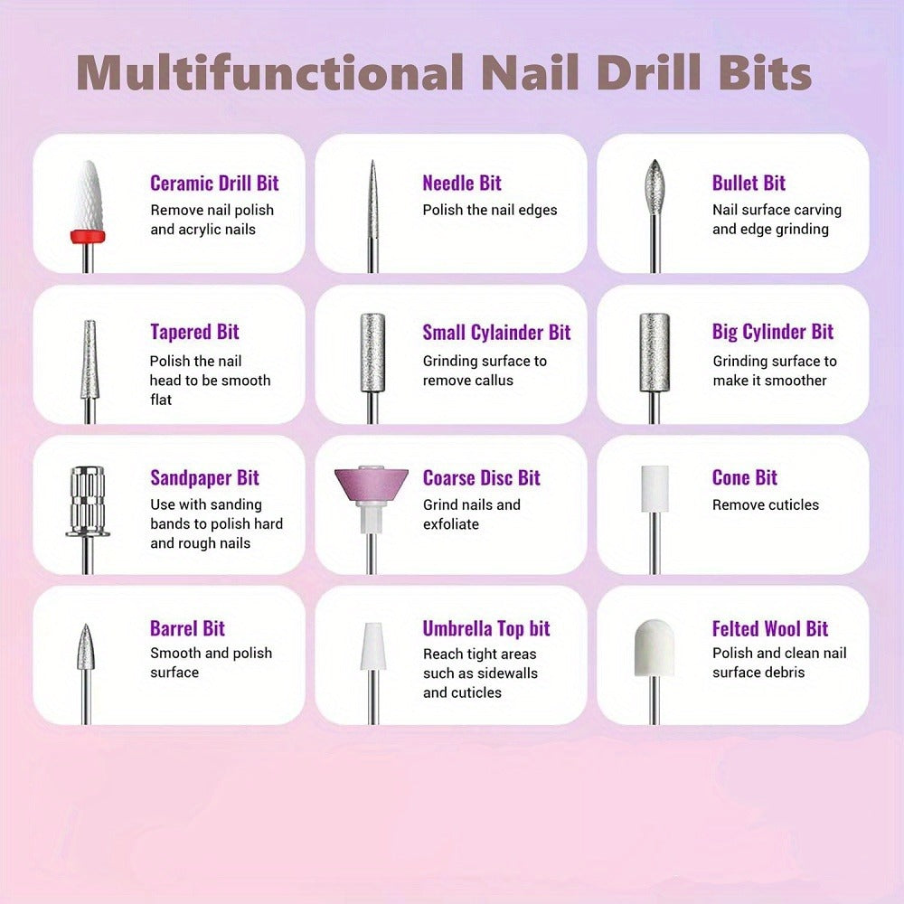 Electric Nail Drill Cordless USB Rechargeable Pen with Bit and Sanding Band Set in Gold or White