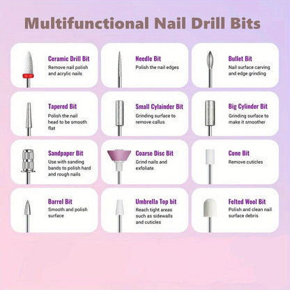 Electric Nail Drill Cordless USB Rechargeable Pen with Bit and Sanding Band Set in Gold or White