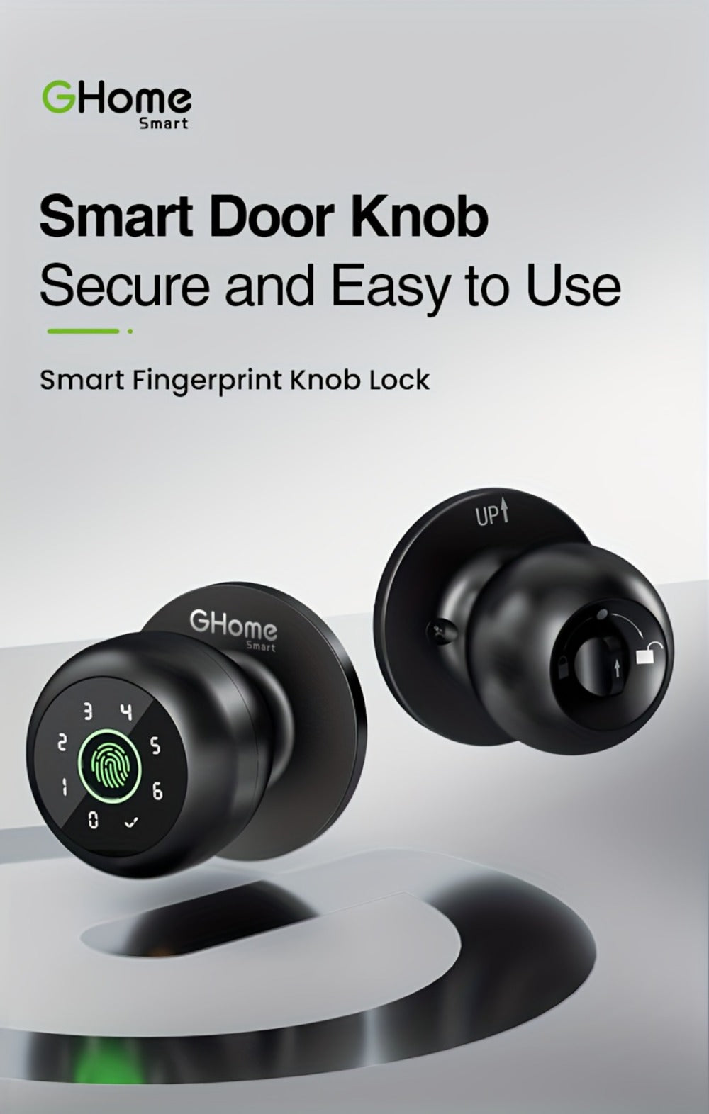 GHome Smart Lock Knob with Fingerprint & Keypad - USB-C Rechargeable, App-Controlled Keyless Entry, Auto-Lock, Passage & Privacy Mode, K10 / K10 PRO / K20 / KD03 PRO, for Home Bedroom Office