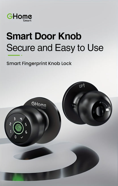 GHome Smart Lock Knob with Fingerprint & Keypad - USB-C Rechargeable, App-Controlled Keyless Entry, Auto-Lock, Passage & Privacy Mode, K10 / K10 PRO / K20 / KD03 PRO, for Home Bedroom Office