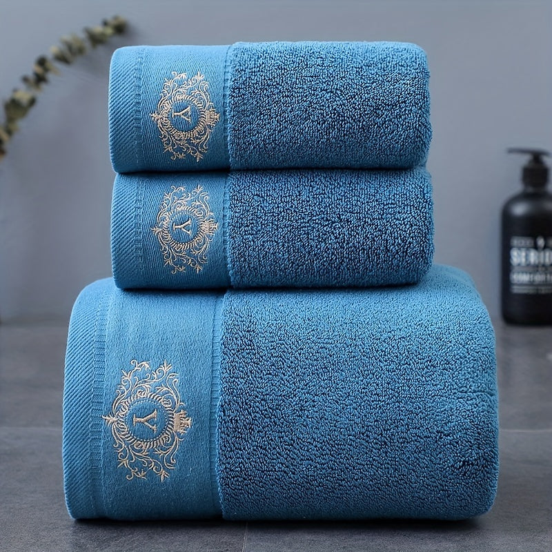 Three-Piece Towel Set with Two Hand Towels and One Bath Towel in Four Embroidered Color Options