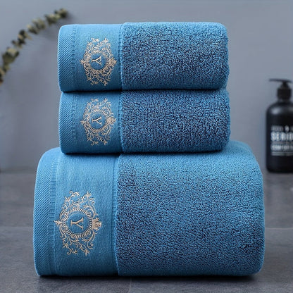Three-Piece Towel Set with Two Hand Towels and One Bath Towel in Four Embroidered Color Options
