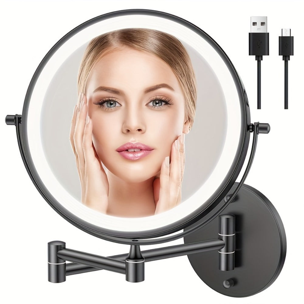 Makeup Mirror Wall-Mounted 8-Inch Dual-Sided 1X and 10X with Three Light Colors, Touch Dimming and USB Charging