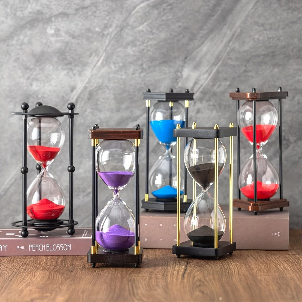 Sixty-Minute Decorative Glass Sand Timer with Wooden-Style Frame in Six Exact Color Configurations