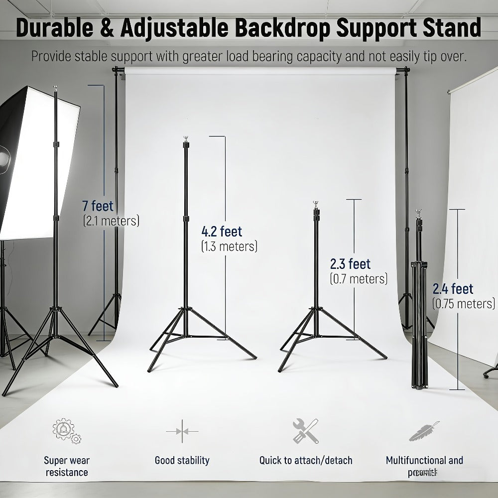 Adjustable Photography Backdrop Stand Kit in 10 x 7-Foot Size with Two Tripods, Four Crossbars, Four Clamps and Carry Bag