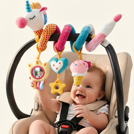 Baby Car Seat Toys 0-6 Months – Unicorn Rattle Mirror Crinkle Squeaky Stroller Toy Set for Infant Girls, Developmental Sensory Toys for Newborn 3-6 Months, Baby Girl Gift