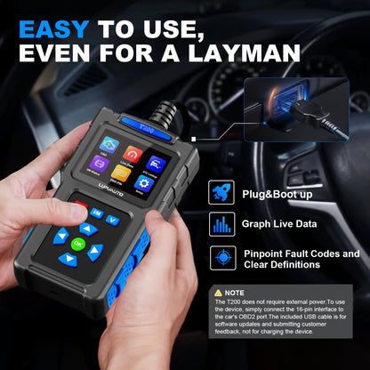 OBD2 Scanner Diagnostic Tool Plug and Play Read Clear Engine Codes Live Data I/M Readiness VIN Auto Detect 14 Languages for All OBDII Cars Since 1996 T200 T300