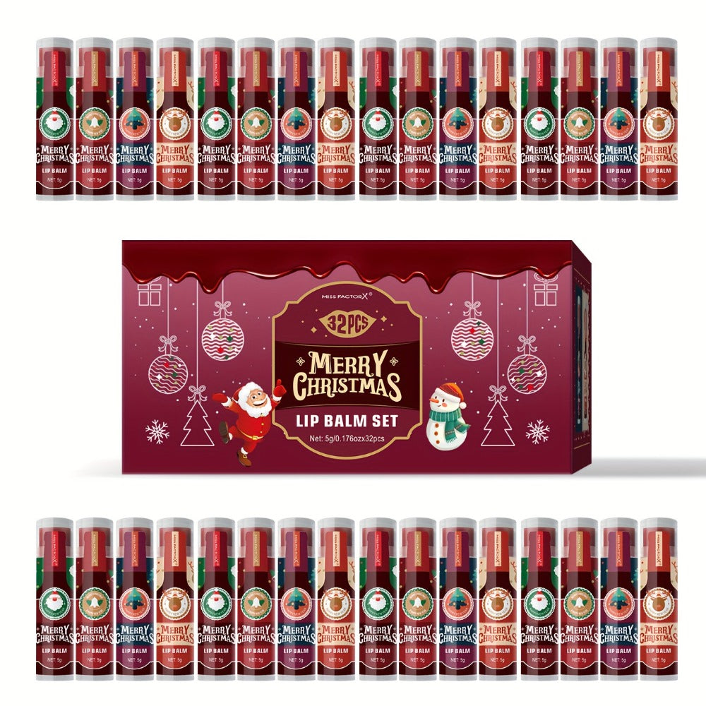 MISS FACTOR 32-Piece Lip Balm Set with Individually Capped Tubes in Red Christmas Gift Box