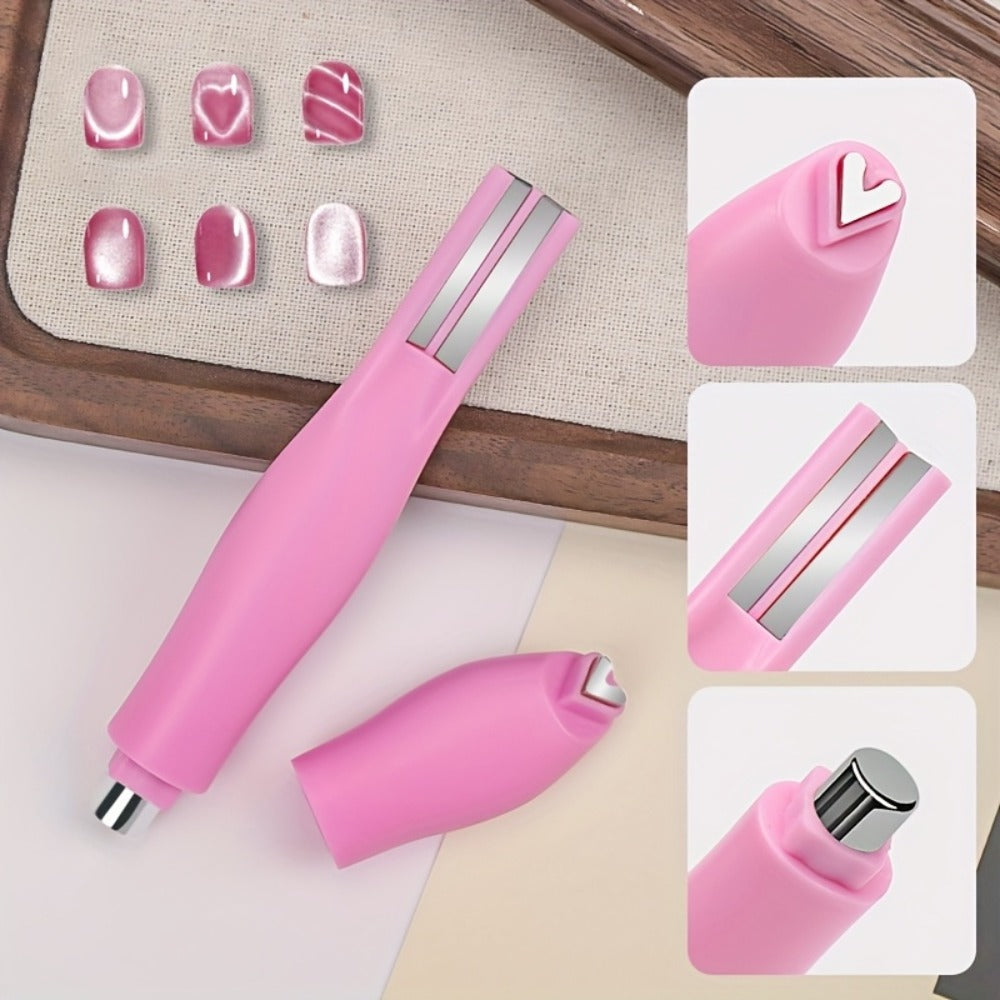 Three-Piece Cat-Eye Nail Magnet Tool Set with Pink Six-Arm Pattern Wheel, Double-Ended Pen and Bar Magnet