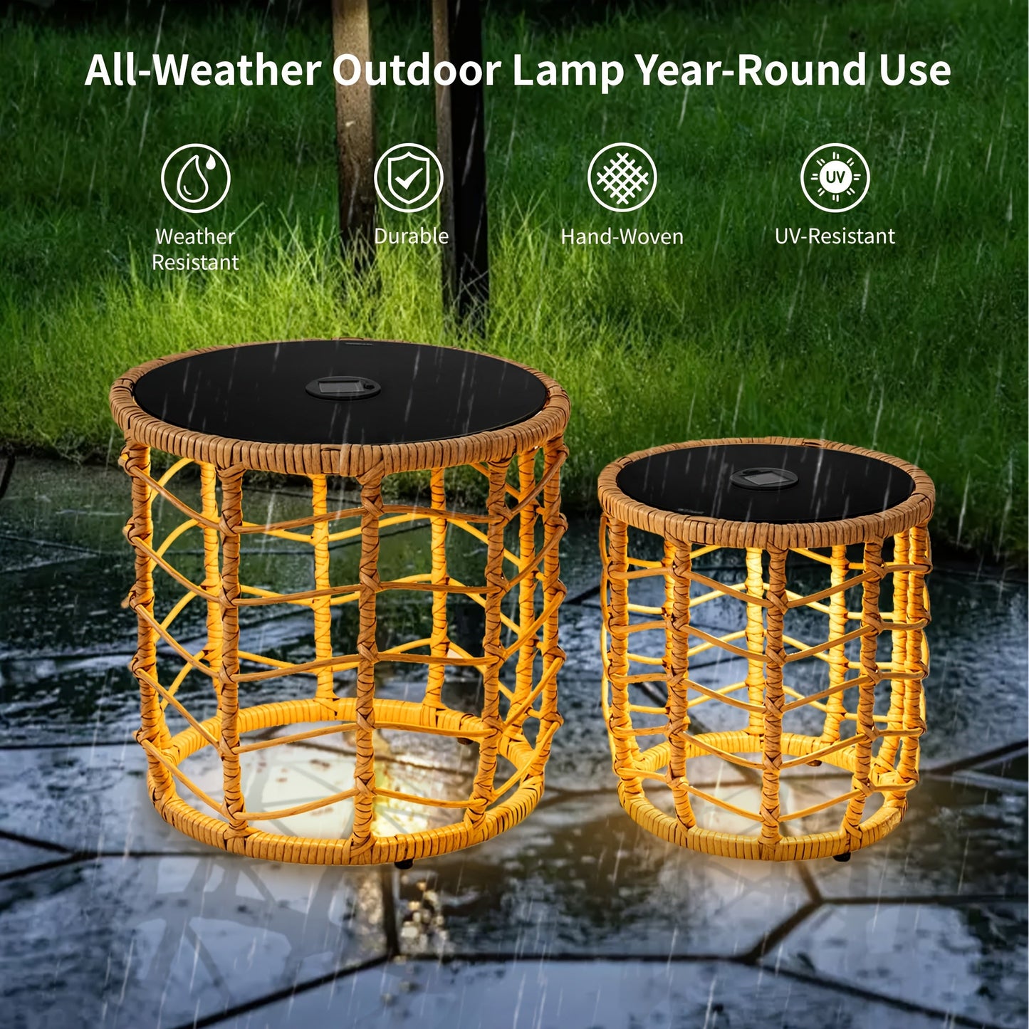 Outdoor Side Table Set of 2 Nesting PE Wicker Frames with Tempered Glass Tops for Patio or Balcony Layouts