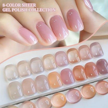 Gel Nail Polish Set with XEIJAYI Label, 8 Summer Ice Jelly Colors in Sheer Photo Frame Bottles