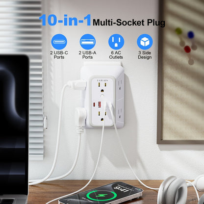 3-Sided Wall Outlet Extender 10-in-1 with 6 AC Outlets & 4 USB Ports (2 USB-A & 2 USB-C), 1050J Surge Protector Multi-Plug Adapter for Home, Travel, Office & College