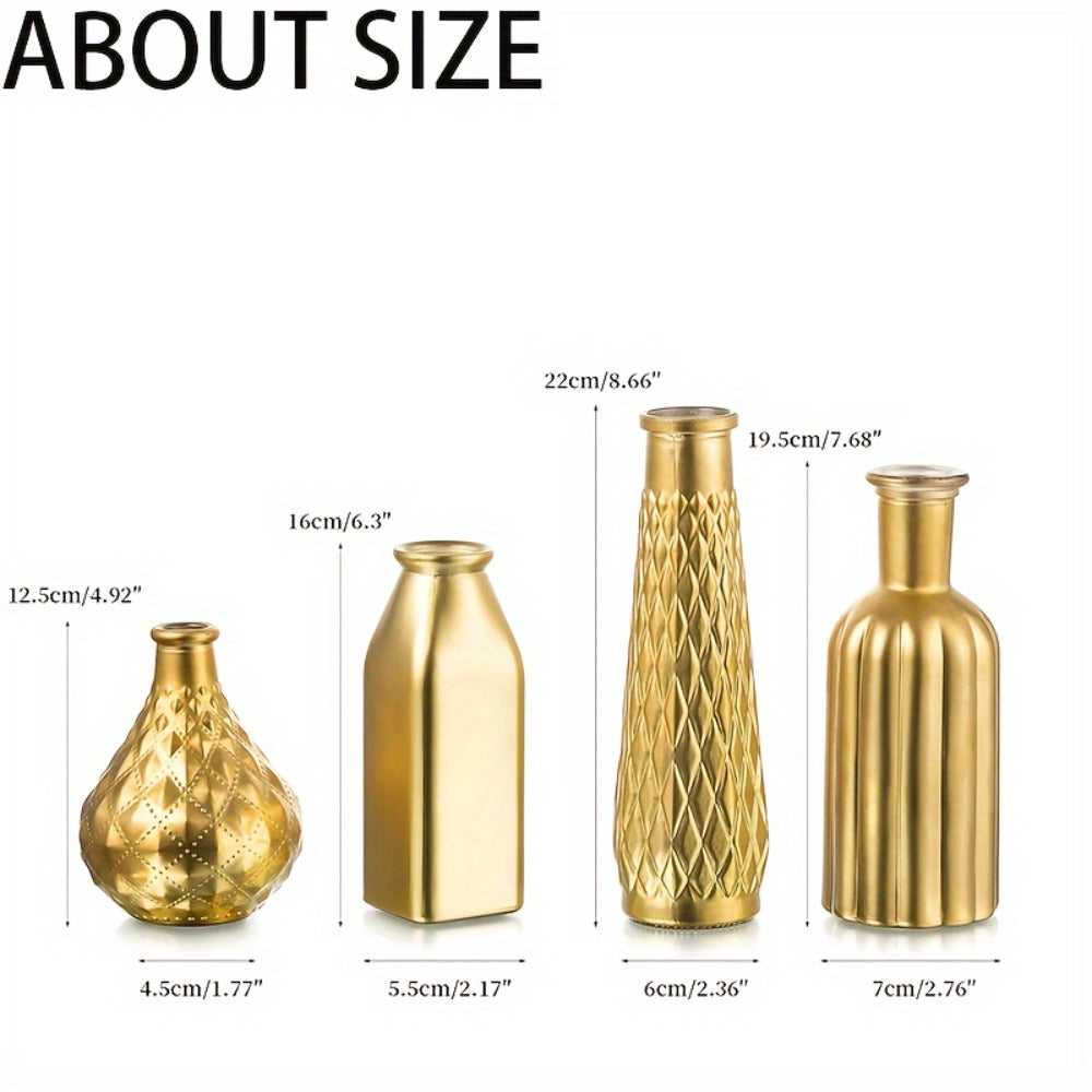 Gold-Tone Glass Bud Vases, Four- or Eight-Piece Mixed Art Deco Bottle Set for Tables and Centerpieces