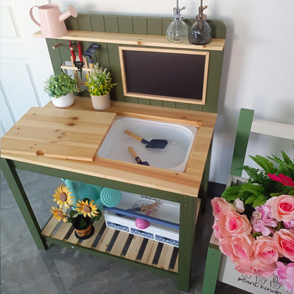 Potting Bench Table Cedar Wood Garden Workstation with Blackboard Removable Sink Hooks Double Shelf for Patio Balcony Courtyard Outdoor Planting Work Bench
