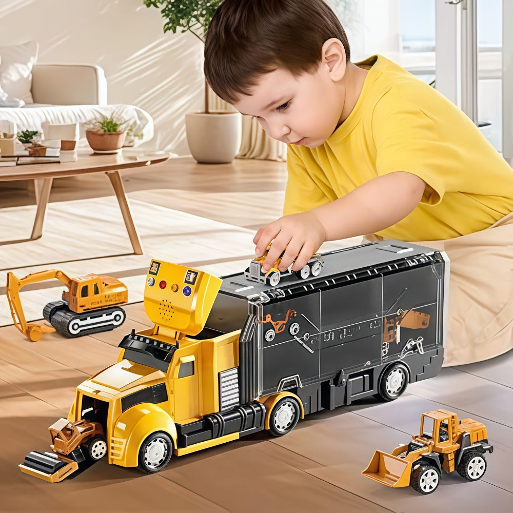 Vehicle Carrier Playset in Dinosaur Car or Construction Truck Style with Mini Vehicles and Storage