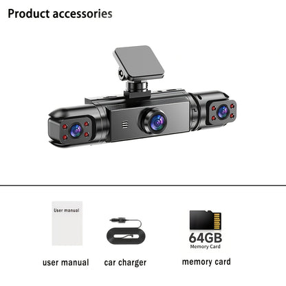360° Panoramic Dash Cam 3 & 4 Lens 1080P HD Front + 720P Rear Left Right, Quad-Split Screen, HD Night Vision WDR G-Sensor Loop Recording, Full Coverage Car Camera, 32GB/64GB SD Card Options