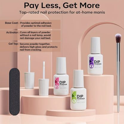 Dip Powder Nail Kit with NOCIS Label, Four Nude and Gold Glitter Powders, Three 10ml Liquids and Four Tools